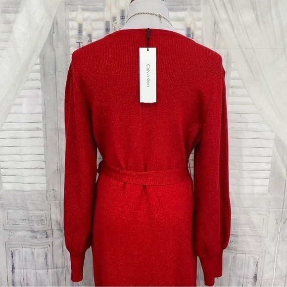 Calvin Klein Red Metallic Tie-Waist Sweater Dress Knit Long Sleeve Pull On NWT - Picture 12 of 16